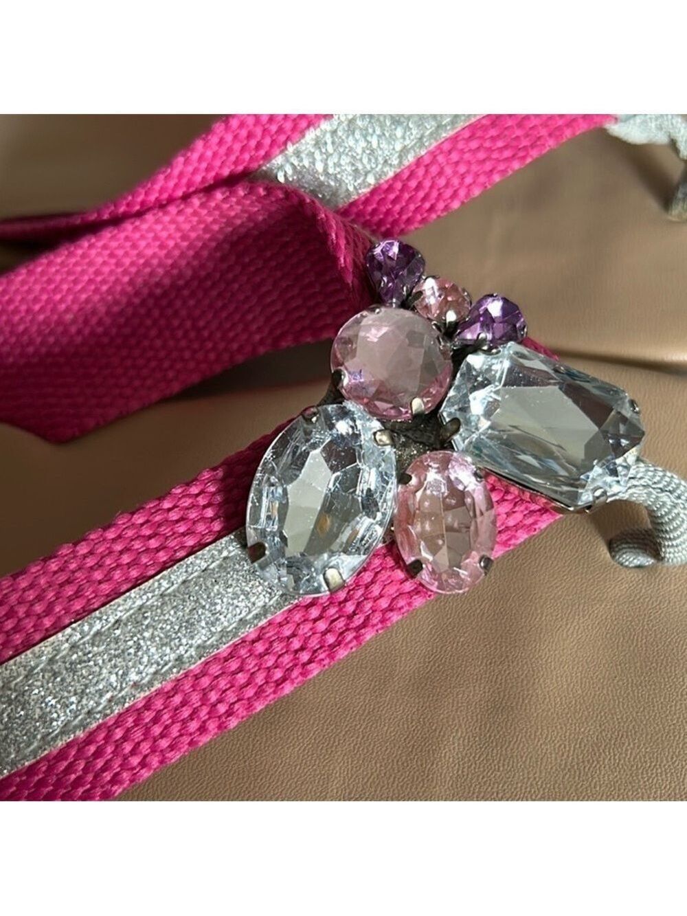 Candie’s Bejeweled Hot Pink and Metallic Silver Flip Flops with Jewels Size 7.5 - Picture 7 of 10